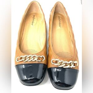 Quilted Cap Toe Ballet Flats in tan and black patent leather toe.